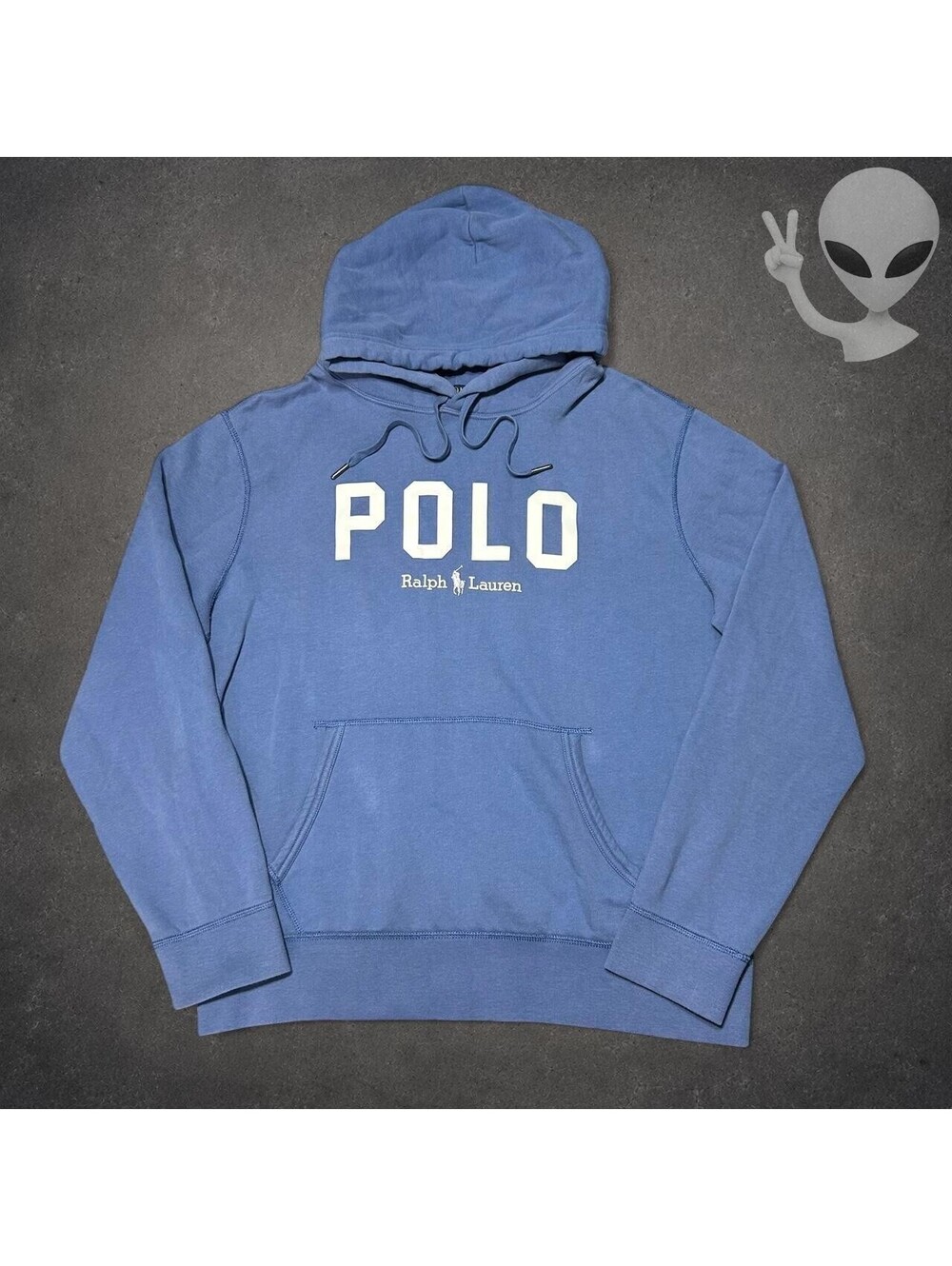 Polo Ralph Lauren Spellout Hoodie Mens US L Blue Pullover Fleece Sweatshirt - Picture 2 of 6